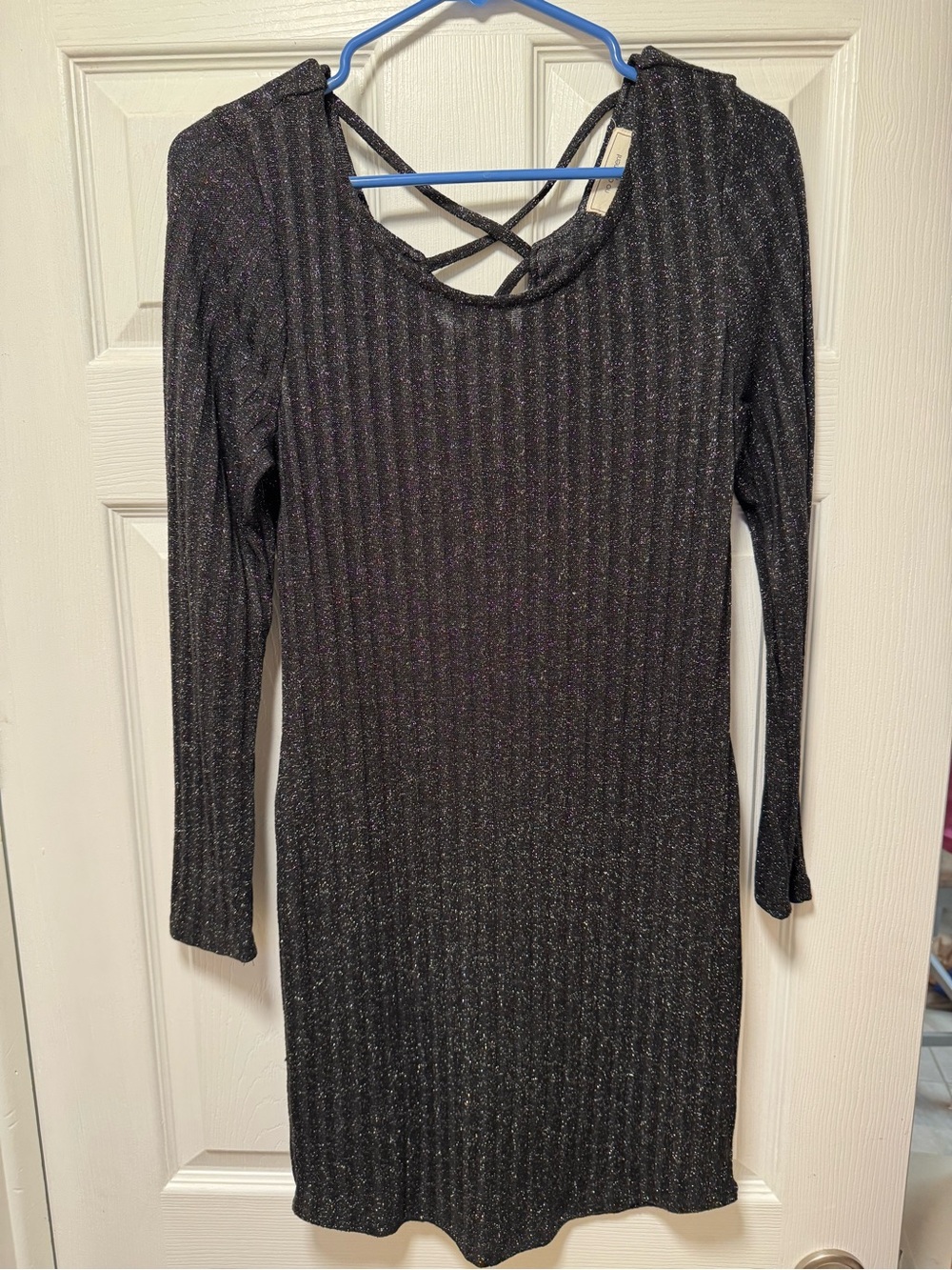Metallic Black Long-Sleeve Ribbed Dress with Crisscross Back